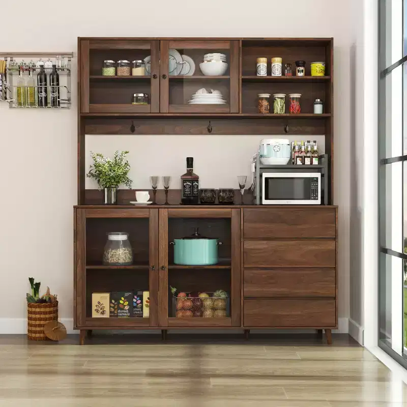 Large Kitchen Hutch Cabinet, Freestanding Pantry with 4 Drawers & 4 Doors, Walnut Finish