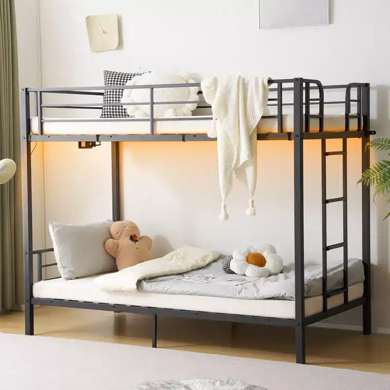 TwinoverTwin Metal Bunk Bed with Charging Station LED Light Black
