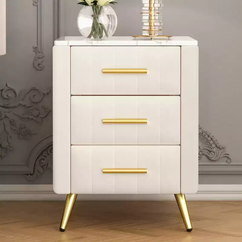 Modern Upholstered Nightstands with Drawer, Faux Marble Top and Gold Metal Legs, Elegant Bedside Tables for Bedroom or Sofa Side