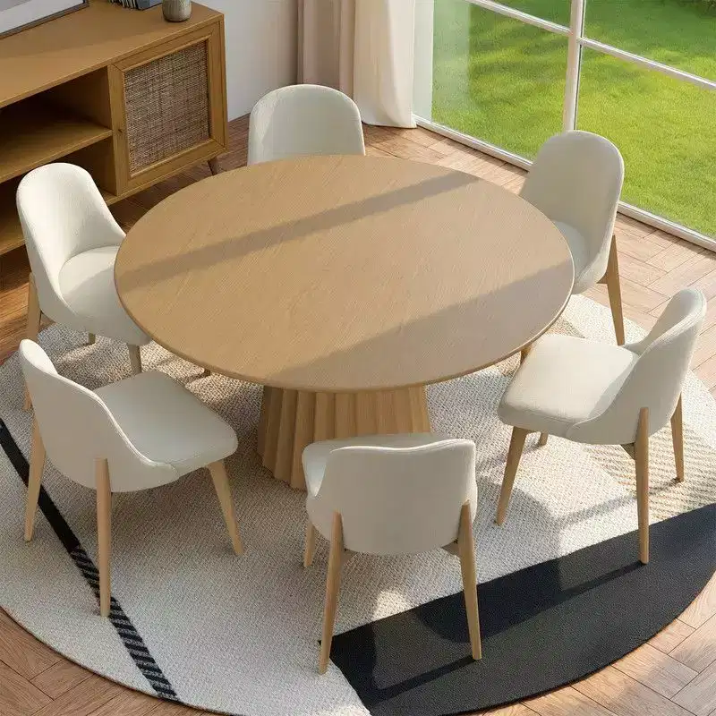 PexFix 52 Modern Round Dining Table Set with 8 Upholstered Chairs Natural Textured Wood Top Pleated Pedestal Base Beige Seats for Kitchen Dining Room
