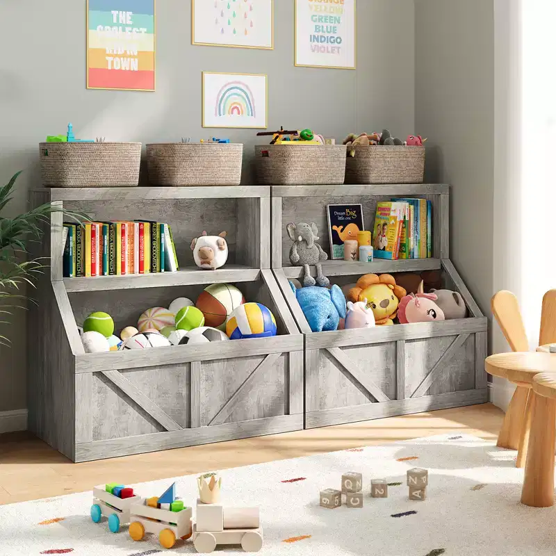 Kids Bookshelf & Toy Organizer  Wooden Bookcase with Large Storage Cabinet, Anti-Tip Slim Design for Nursery, Bedroom or Playroom