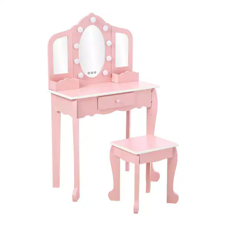 Kids Vanity Table & Stool with Lighted Tri-Fold Mirror, Drawer & Storage – Ages 3-9