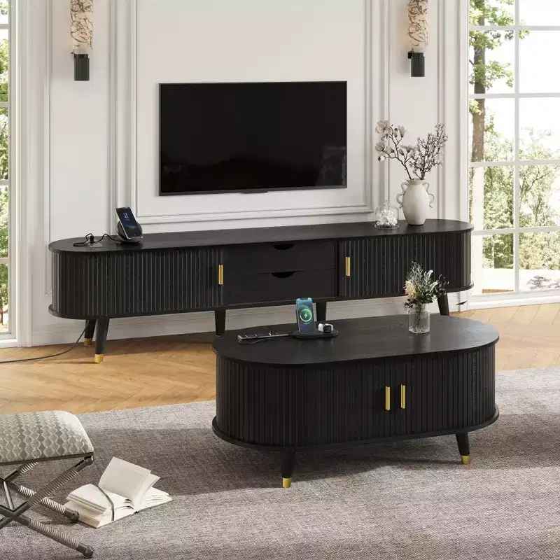 CLIHOME Wooden Farmhouse TV Stand & Coffee Table Set with Charging Station, Oval Fluted Media Console for TVs up to 80