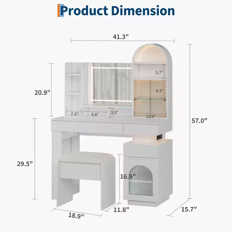 GustoWave Vanity Desk with Lighted Mirror, White Makeup Table with 3 Drawers & 11 Shelves, Vanity Stool for Bedroom