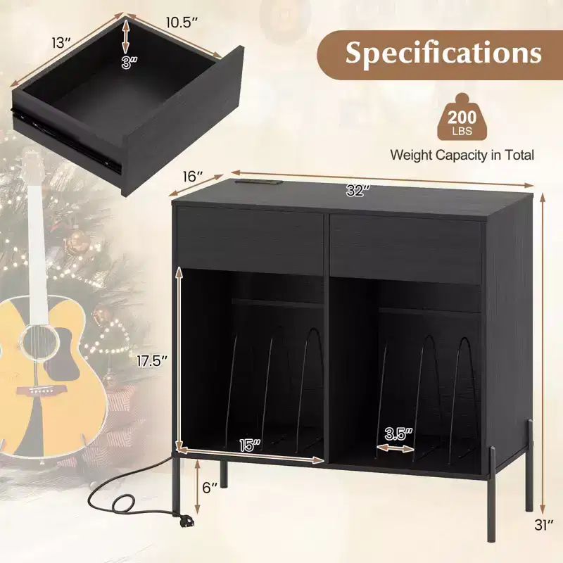 Costway Large Record Player Stand with Charging Station Storage Compartments & 2 Drawers White/Black