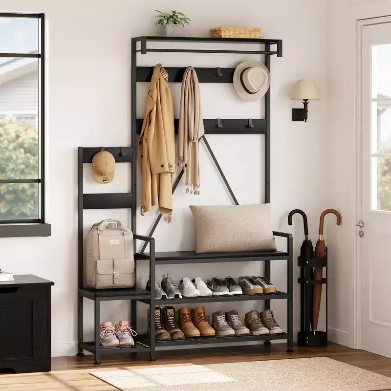 Entryway Shoe Storage Rack with Bench, Coat Rack Hall Tree with 7 Hooks and Storage Shelf, Entryway Coat Rack for Hallway Mudroom Bedroom