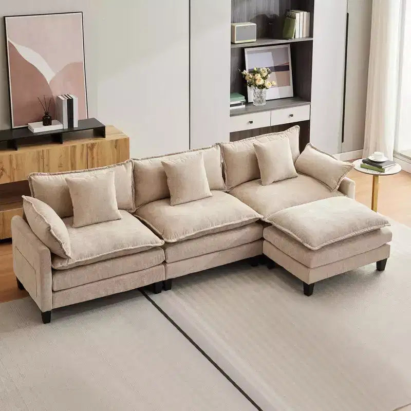 112.2 U-Shaped Sectional Cloud Couch, Modular Sectional Couches Sofa with Movable Ottoman, 3-Seater Chenille Deep Seat Cloud Sofa , Beige
