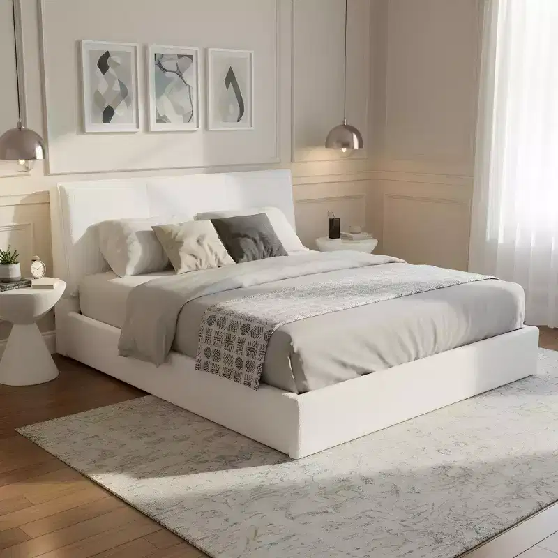 Boucle Upholstered Ergonomic Platform Bed, Rubberwood Frame, 800LBS Capacity