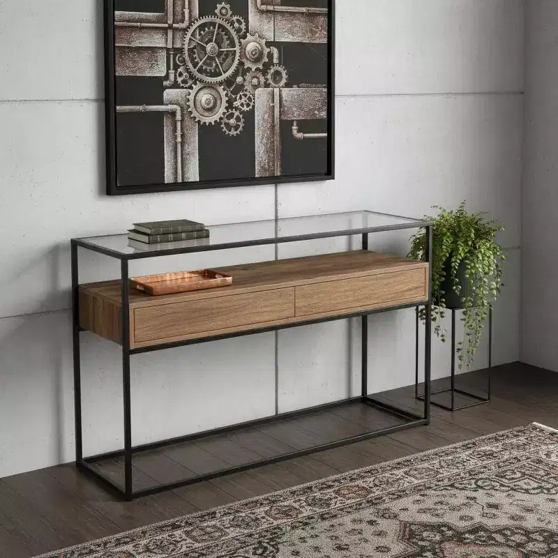HomeRoots 48 Clear and Black Glass Frame Console Table With Storage With Storage