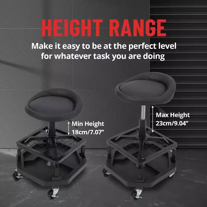 Rolling Shop Stool with Wheels, Double-Layer Mesh Frame Rolling Garage Stool, 330 lbs Weight Capacity