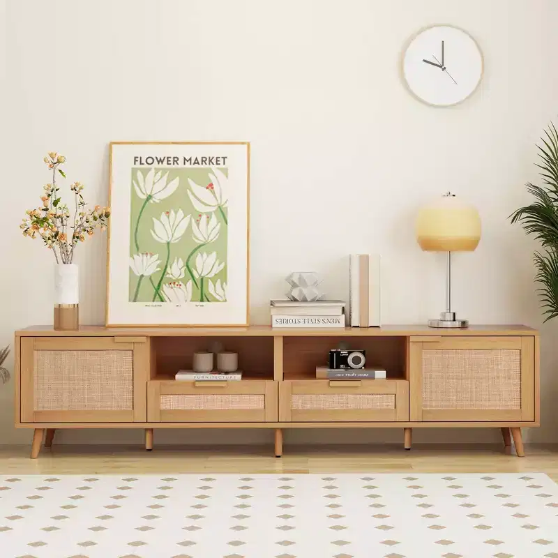 MAYEERTY Rattan TV Stand for TVs up to 85, Modern Farmhouse Media Console, Entertainment Center with Solid Wood Legs for Living Room Beige