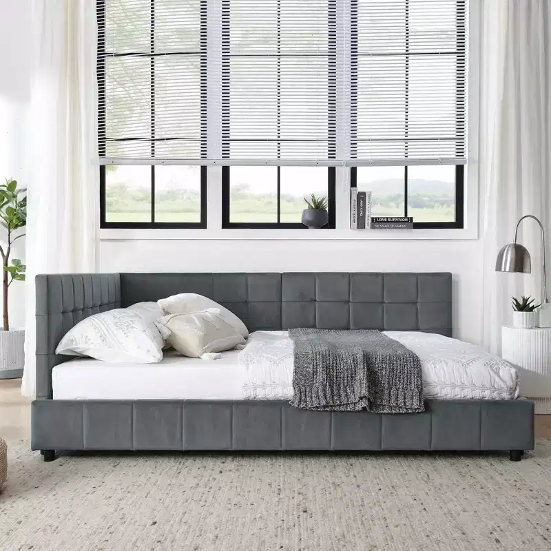MAYEERTY Full Size Upholstered Tufted Bed Frame with Comfirtable Backrest and Armrests for Bedroom Living Room Gray