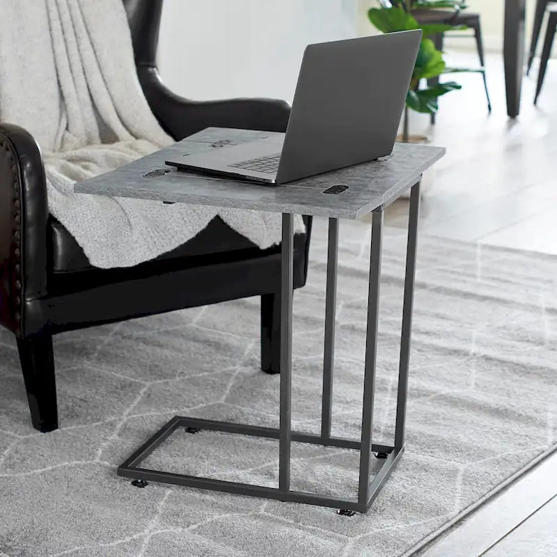 C-Shape Side Table, Faux Stone Top, Black Frame, Space-Saving Design