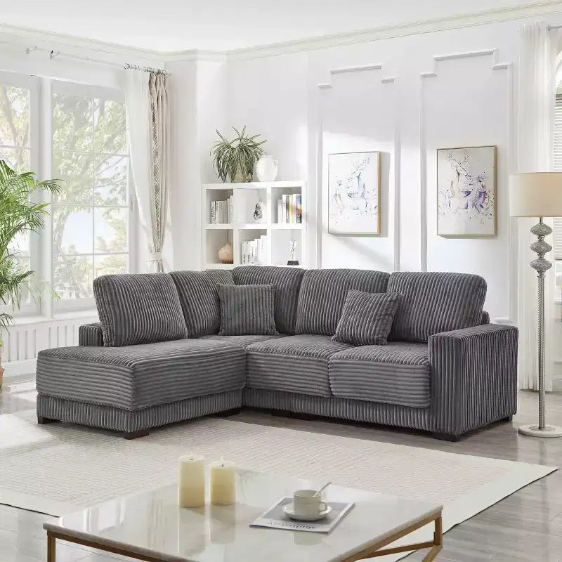 MAYEERTY 93 Sectional Sofa L Shaped Sofa Couch with Reversible Chaise Lounge Upgolstered Soft Curduroy Couch for Living Room Gray