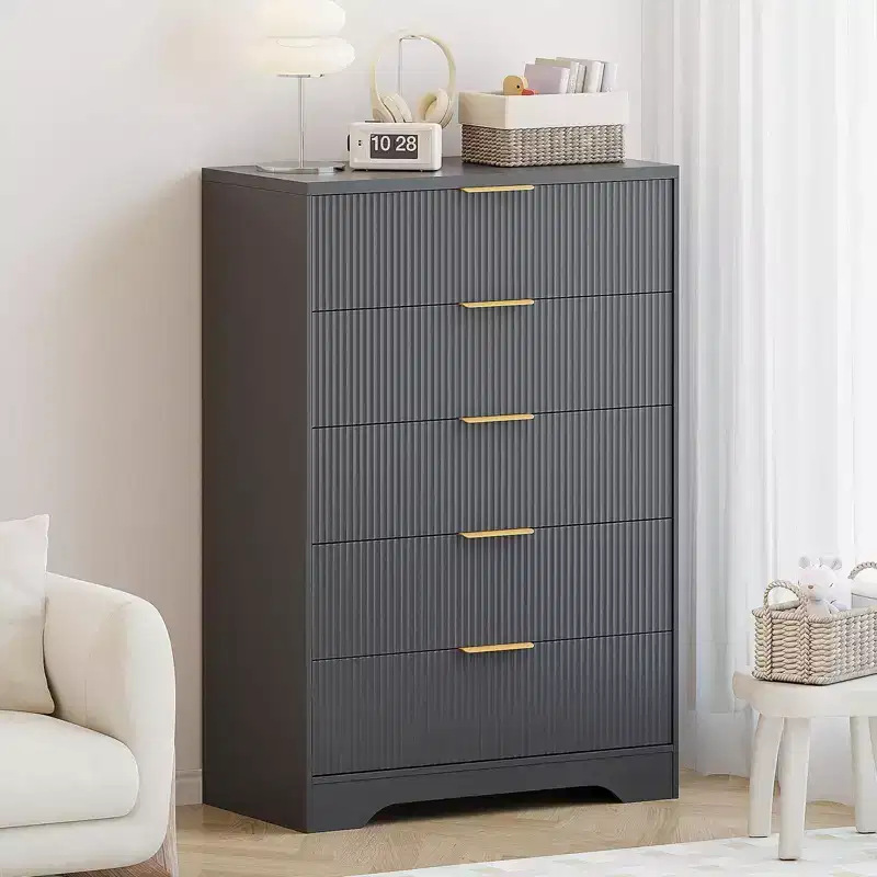 Fluted 5 Drawer Dresser for Bedroom, 47 in Tall Modern Chest of Drawers with Gold Metal Handles, Wood Dresser for Closet, Hallway, Entryway
