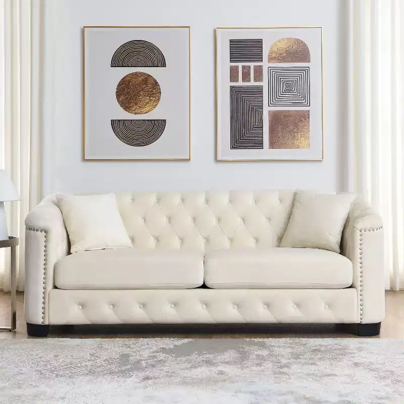 Moder Sofa, 3-Seater Sofa, Upholstered Tufted Backrests with Nailhead Arms and 2 Cushions for Living Room