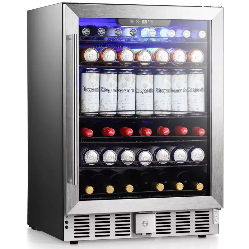 5.1 Cu.Ft Beverage Fridge, 24 Inch, 166-Can, Low Noise, Glass Door, Stainless Steel, Efficient Cooling System with Safety Lock