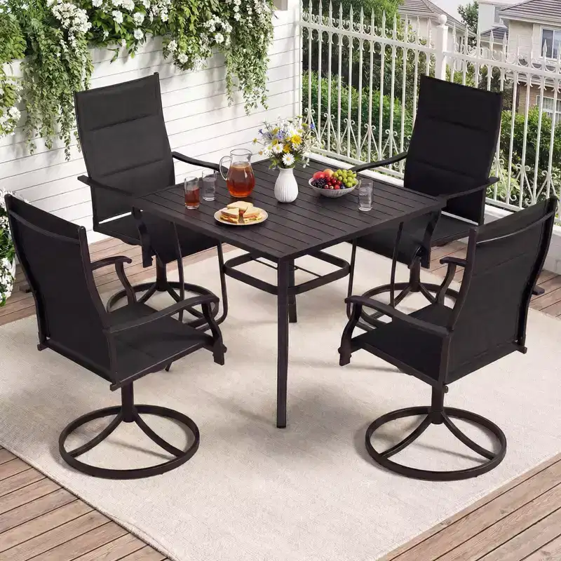 Costway 5PCS Outdoor Dining Set, 4 Swivel Chairs & Square Patio Table with Umbrella Hole Black + Brown/Black