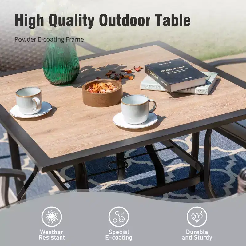 Captiva Designs 5pc Patio Wood-look Square Dining Table with Umbrella Hole & Textilene Swivel Chairs
