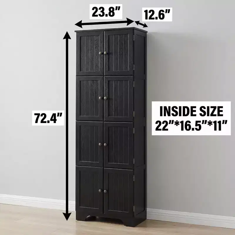 72.4 Black Freestanding Tall Storage Cabinet with 8 Doors & 4 Shelves