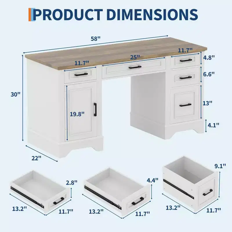 58 Wide Wooden Desk with File Cabinet & Storage Drawers - Multi-Functional Computer Table for Bedroom, Game Room & Office