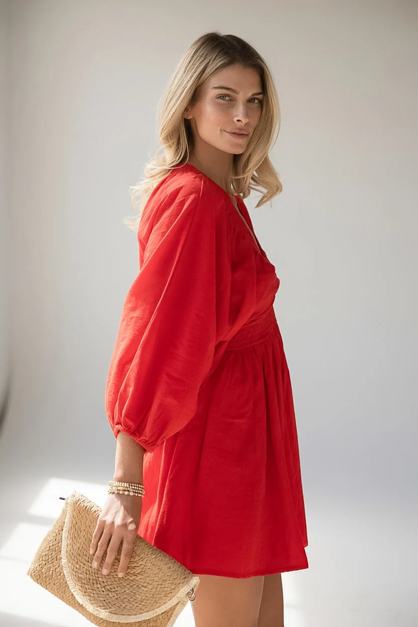 Smocked Waist Balloon Sleeve A-Line Mini Dress
