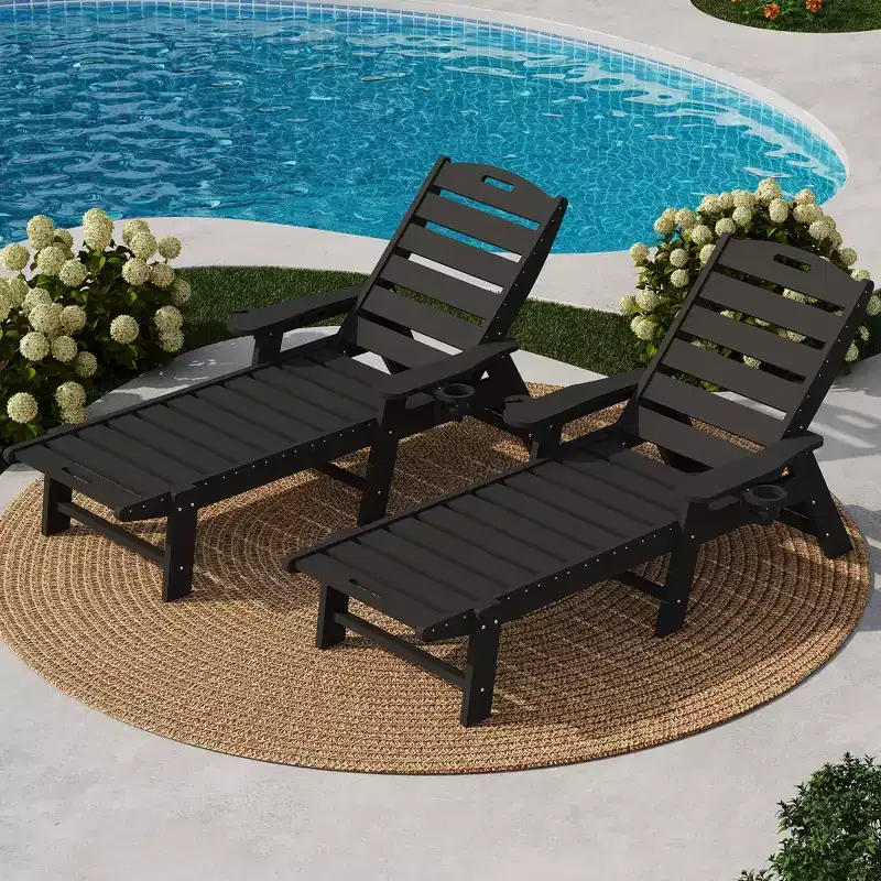 Durable HDPE Folding Chaise Lounge Chairs, 2-Pack5 Position Adjustable Recliner with Cup Holder Weather-Resistant for Deck, Poolside, Garden, Balcony