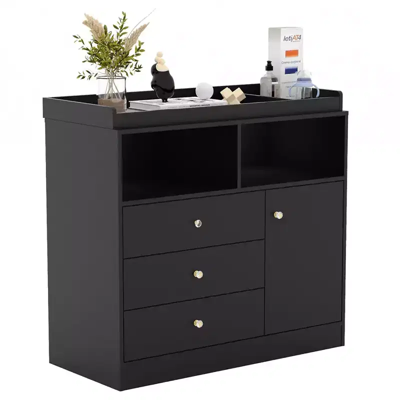 Nursery Dresser with Changing Table Top - Tall Wooden Diaper Changing Station with 2 Open Shelves, 3 Drawers and 1 Cabinet,Ideal for Children's Room