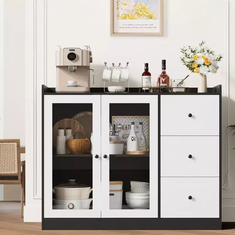43 Buffet Cabinet with Storage Modern Sideboard Kitchen Cabinet with Guardrail Design & Adjustable Shelves & 3 Drawers, Wood Buffet Table