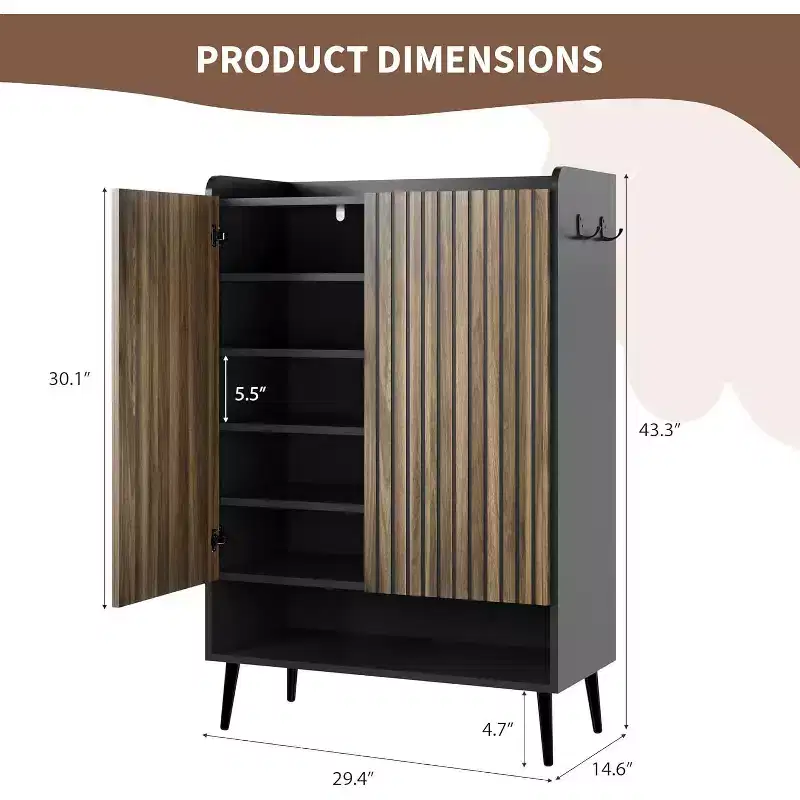 Large Shoe Cabinet with Doors, 6-Tier Shoe Organizer with 2 Doors & Hooks for Hallway & Entryway