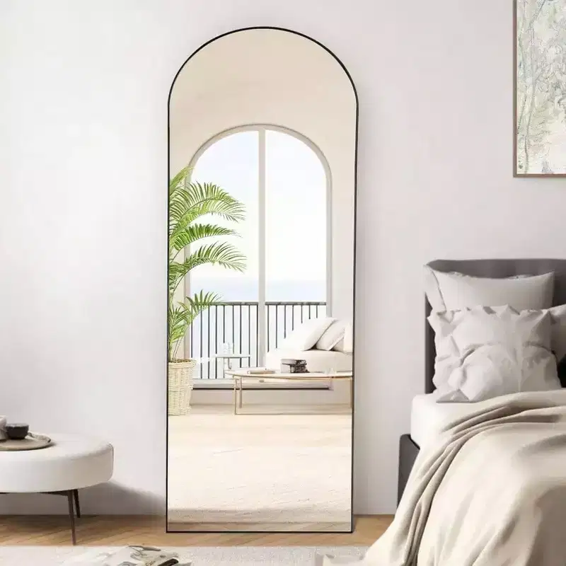 64.1x21.5 Black Arch Mirror - Aluminum Frame with Stand. Full Length for Hanging, Leaning, or Standing