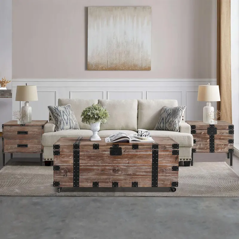 Antique Reclaimed Wood Gray Trunk and Side Table, Set of 3