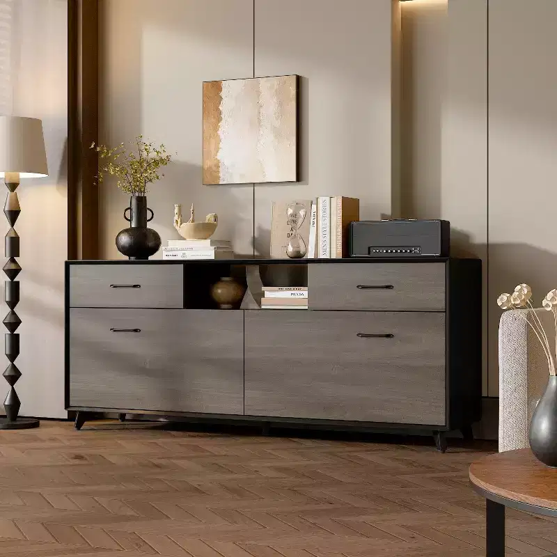2 Door TV Stand, Flip Door Design, Gray Modern Style Living Room Side Table
