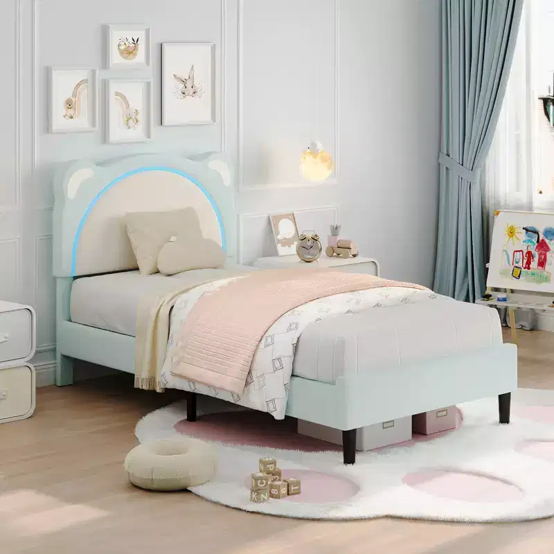 Metal & Suede Twin Platform Bed Frame with Storage Drawers