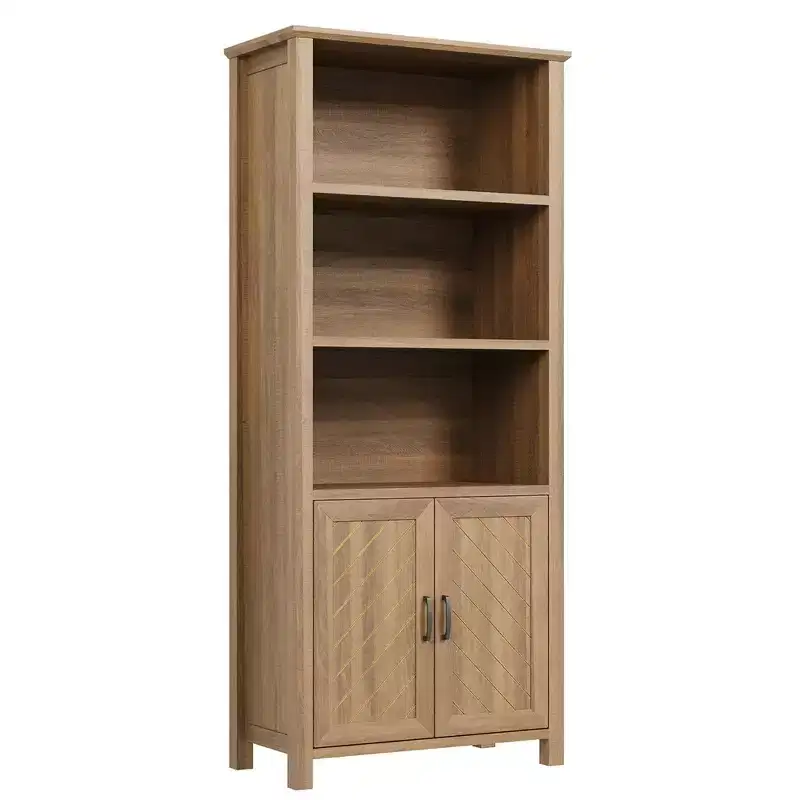 70 Inch Tall Bookshelf 5 Tier Bookcase with Barn Doors and Adjustable Shelves, Walnut Farmhouse Book Shelf with Storage Cabinet