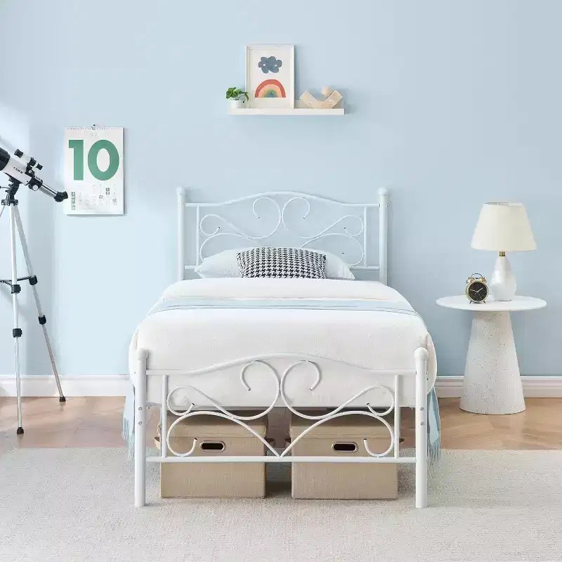 Twin Metal Bed Frame with Headboard, Durable Platform, Heavy Duty Steel Slats, Rounded Corners, Strong Bearing Capacity, Under Bed Storage, White