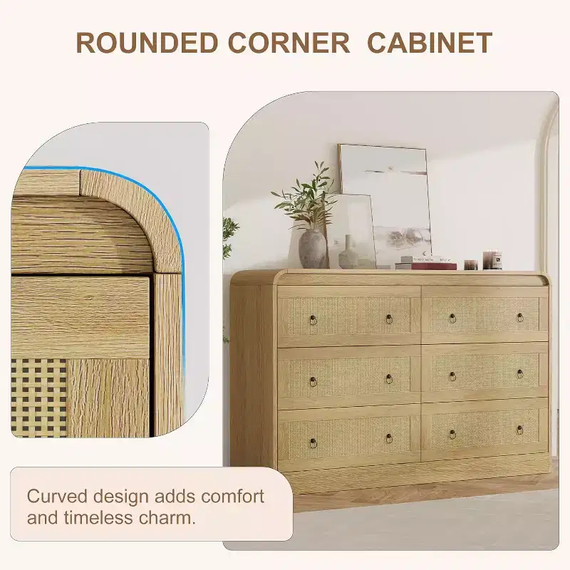 Acekool 6 Drawer Rattan Dresser Modern Chest of Drawers for Bedroom, Living Room & Hallway