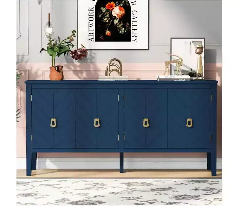 63 4-Door Sideboard Buffet Cabinet, Geometric Pattern, Vintage Handles, Storage Console Table, Bar Cabinet for Home/Office