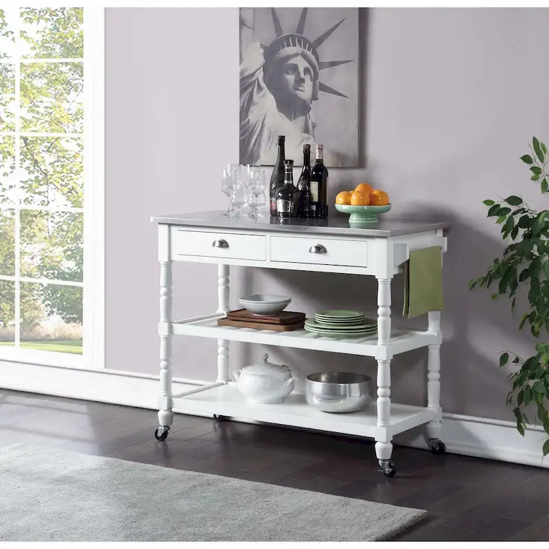 French Country 3 Tier Stainless Steel Kitchen Cart with Drawers