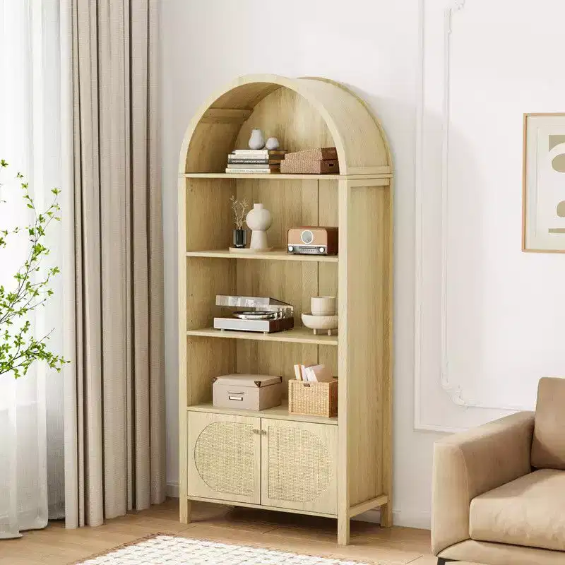 Karl Home Oak Arched with 2 Doors Rattan 3-Shelf Display Cabinet