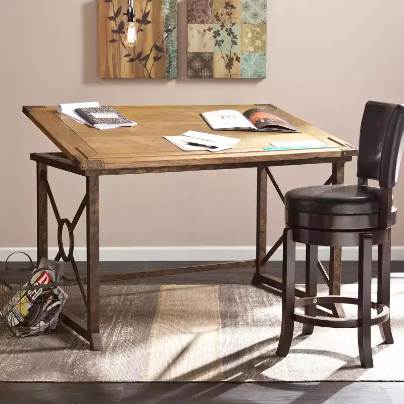 Tilt-Top Drafting Table with Adjustable Angle, Brown Wood Finish