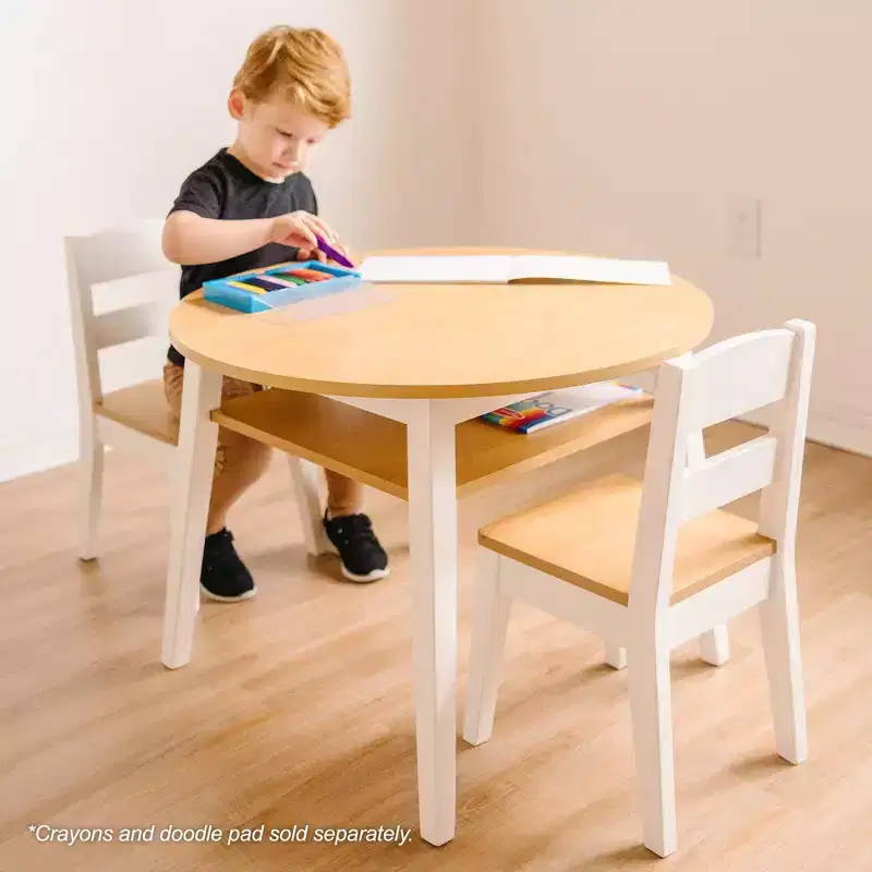 Melissa & Doug Wooden Round Table and 2 Chairs Set – Light Woodgrain and White 2-Tone Finish