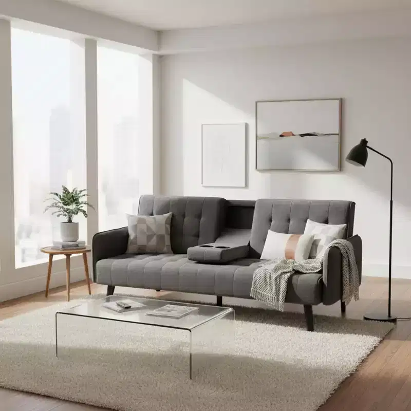 Convertible Sleeper Sofa Bed with Cup Holder & Drop-Down Table for Living Room, Linen Upholstered