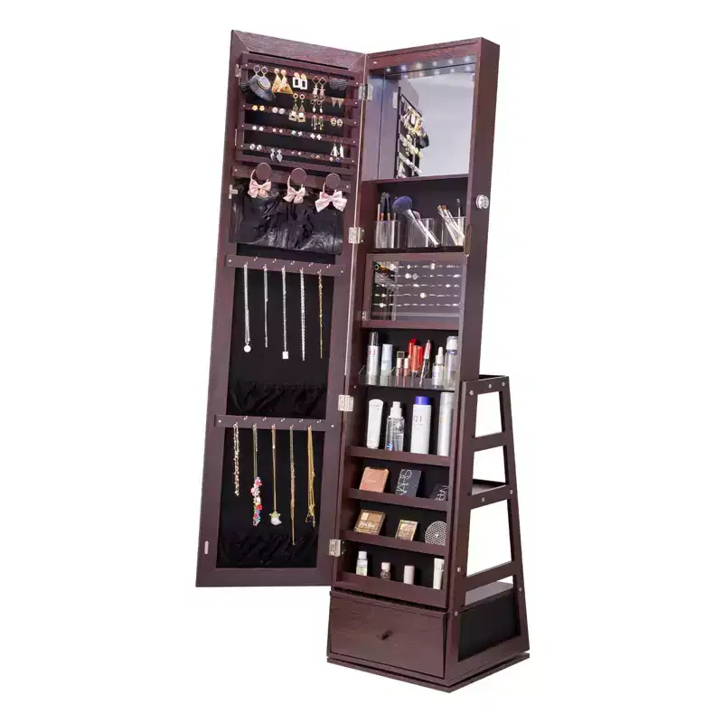 VEVOR Mirror Jewelry Cabinet, 360 Swivel Standing Mirror with Storage, Lockable Jewelry Mirror Organizer with Full Length Mirror, Brown