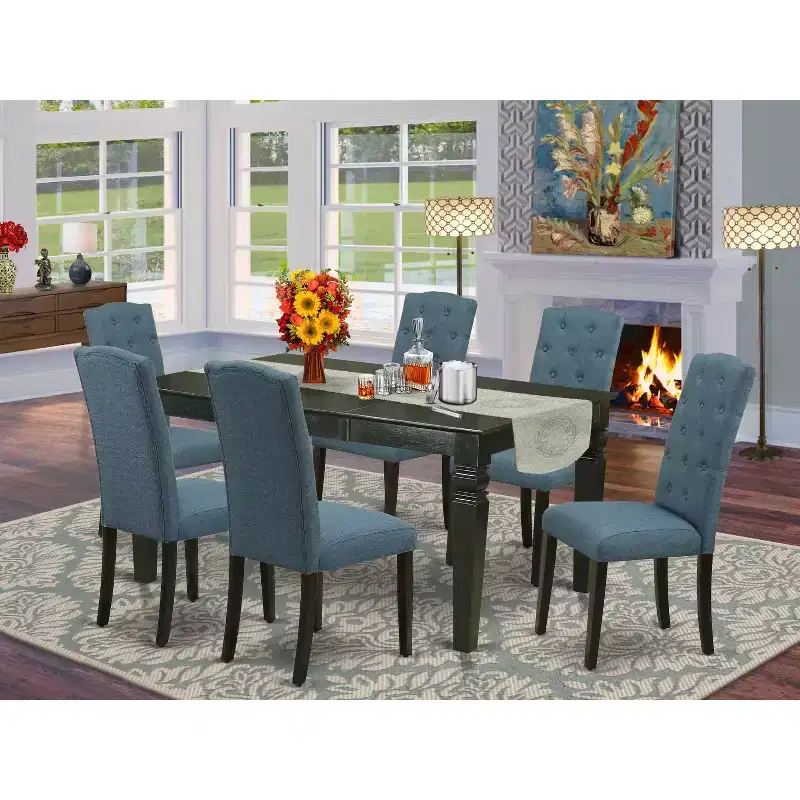 HomeStock Belmont 7Pc Dinette Set Includes a Rectangular Kitchen Table with Butterfly Leaf and Six Parson Chairs with Blue Fabric, Black Finish