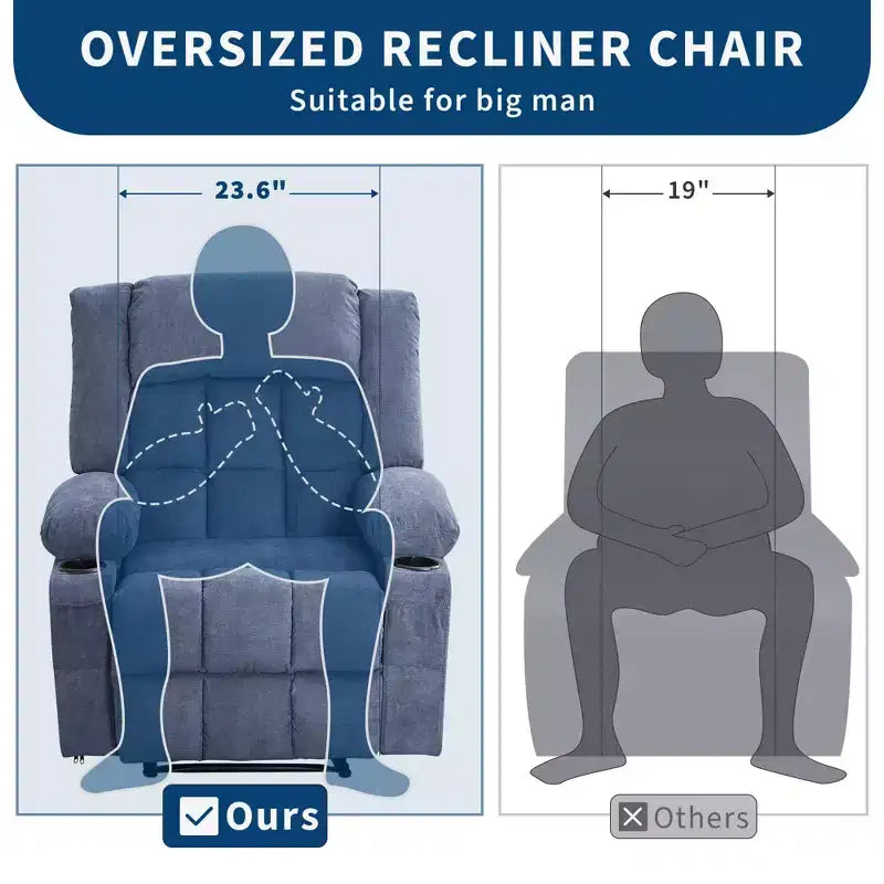 Large Recliner Chair, Manual Reclining Sofa with Massage and Heat, Comfy Sofa Chair with 3 Positions, 2 Side Pockets, 2 Front Pockets and 2 Cup Holder