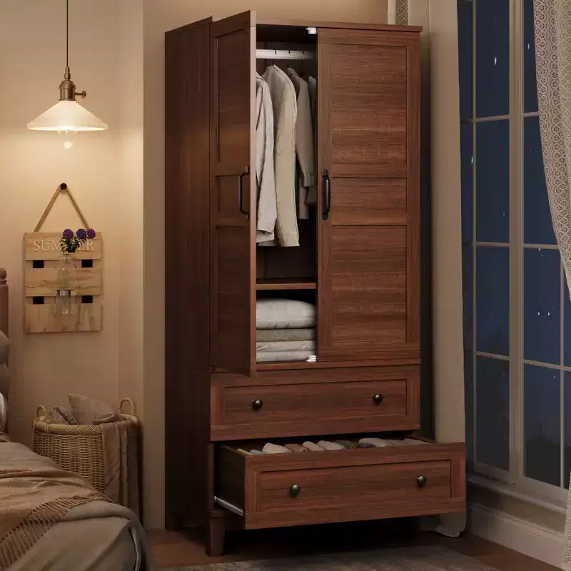 72 Wooden Wardrobe with Adjustable Shelves, 2 Doors, 2 Drawers, Aluminum Hanging Rails, Anti-Tip Safety Brackets, Quiet Hhinges, Easy Assembly