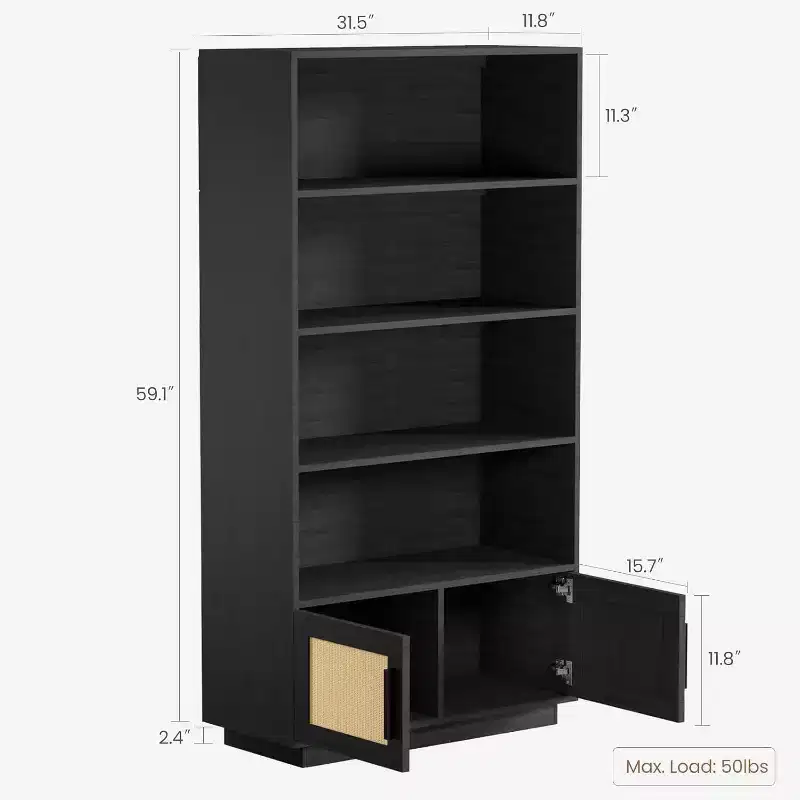 Acekool 5-Tier Boho Bookshelf with Rattan Doors, Tall Wooden Bookcase with Storage, Book Stand for Living Room, Bedroom, Office, Kitchen
