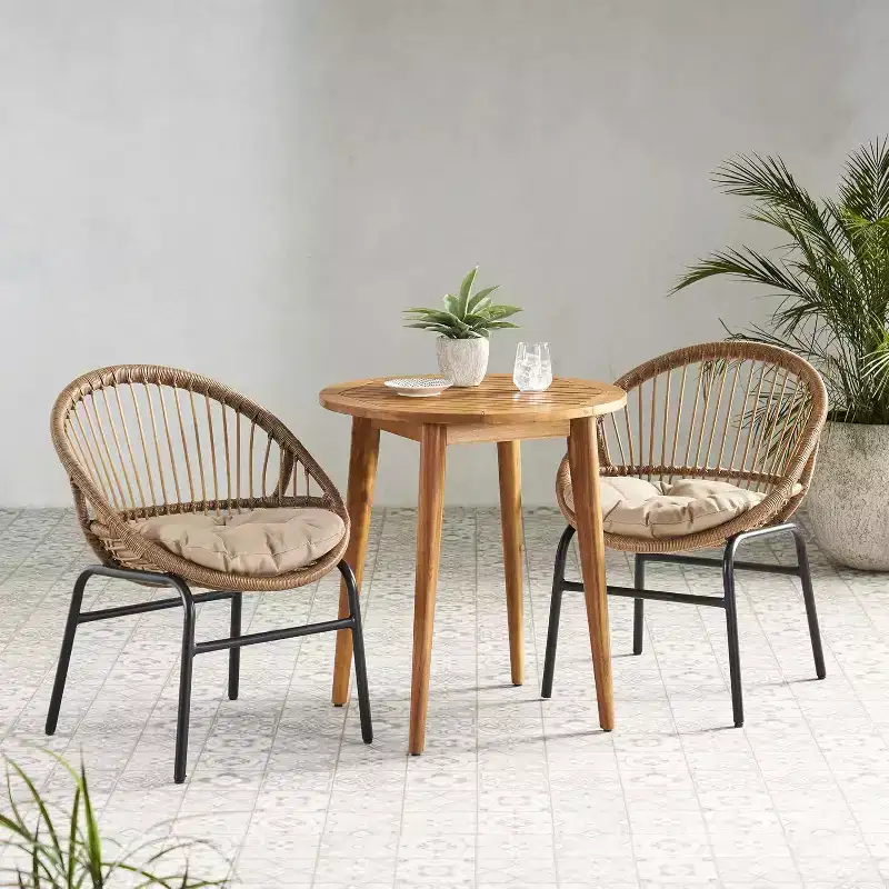 Christopher Knight Home Loic Farmhouse Iron Patio Seating Set with PE Rattan Design and Acacia Slatted Bistro Table