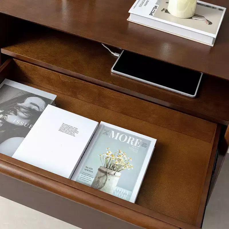 Margery Mid-century Modern 2 - Drawer end table with Built-In Outlets and Cable Management and Open Shelf | HULALA HOME